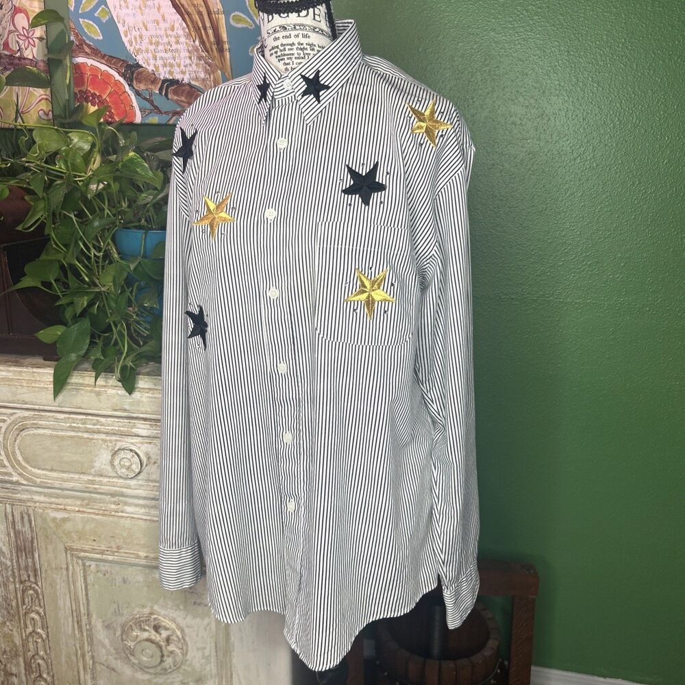 Vtg Las Olas Size L Star Celestial Star Black/white Stripe Button Down Gold